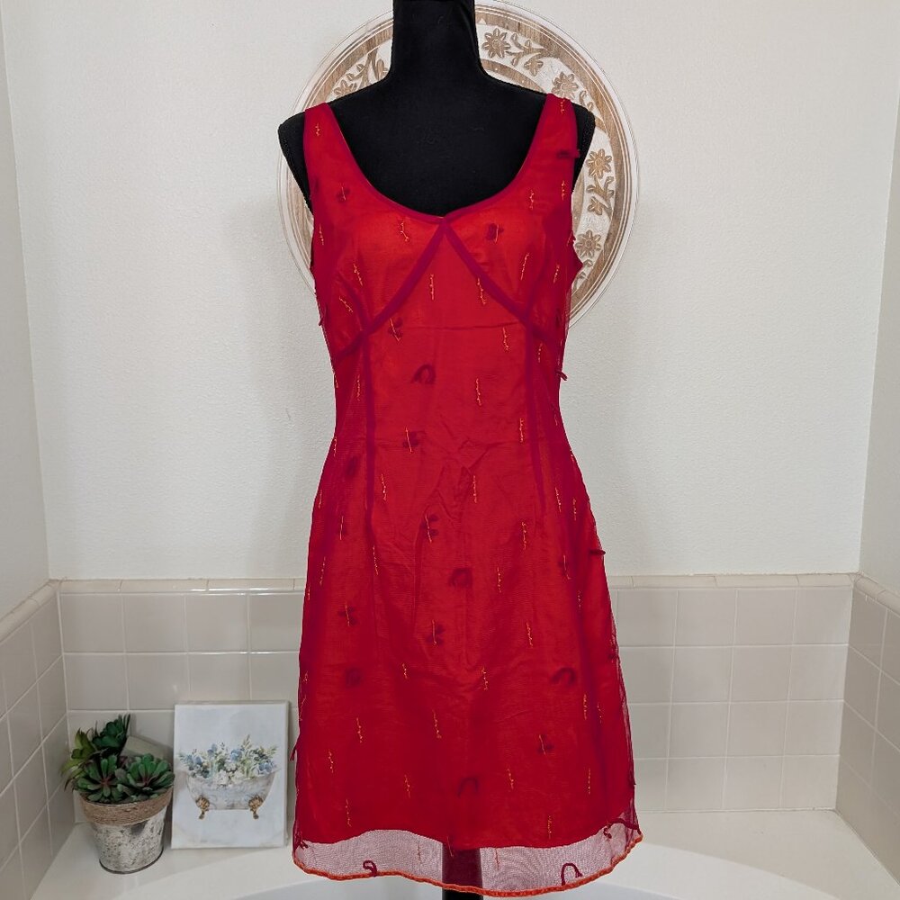 Express World Brand Vintage 90s Red Orange Mesh Mini Dress - Size 9/10